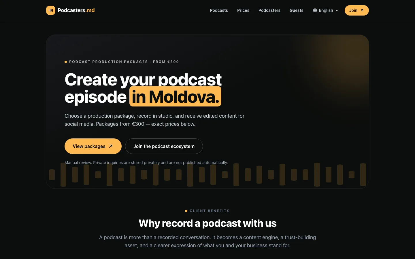 The Podcasters.md home page, showing its podcast production headline, package pricing from €300, and calls to view packages or join the ecosystem.