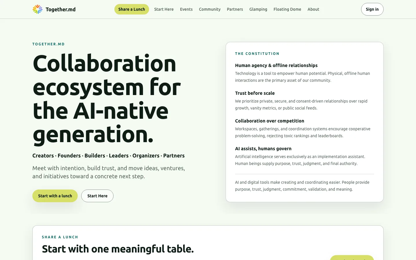 The Together.md home page, showing its collaboration-ecosystem headline alongside a panel setting out the ecosystem's constitution.