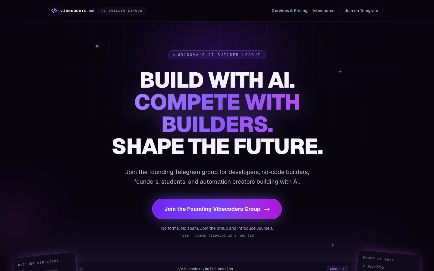 The Vibecoders.md home page, showing its build-with-AI headline and an invitation to join the founding Vibecoders group on Telegram.